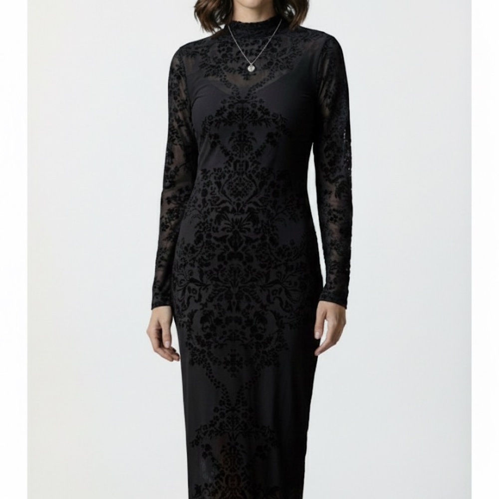 Elegant Black Velvet Damask Sheer Mesh Mock Neck Dress, Size XS
